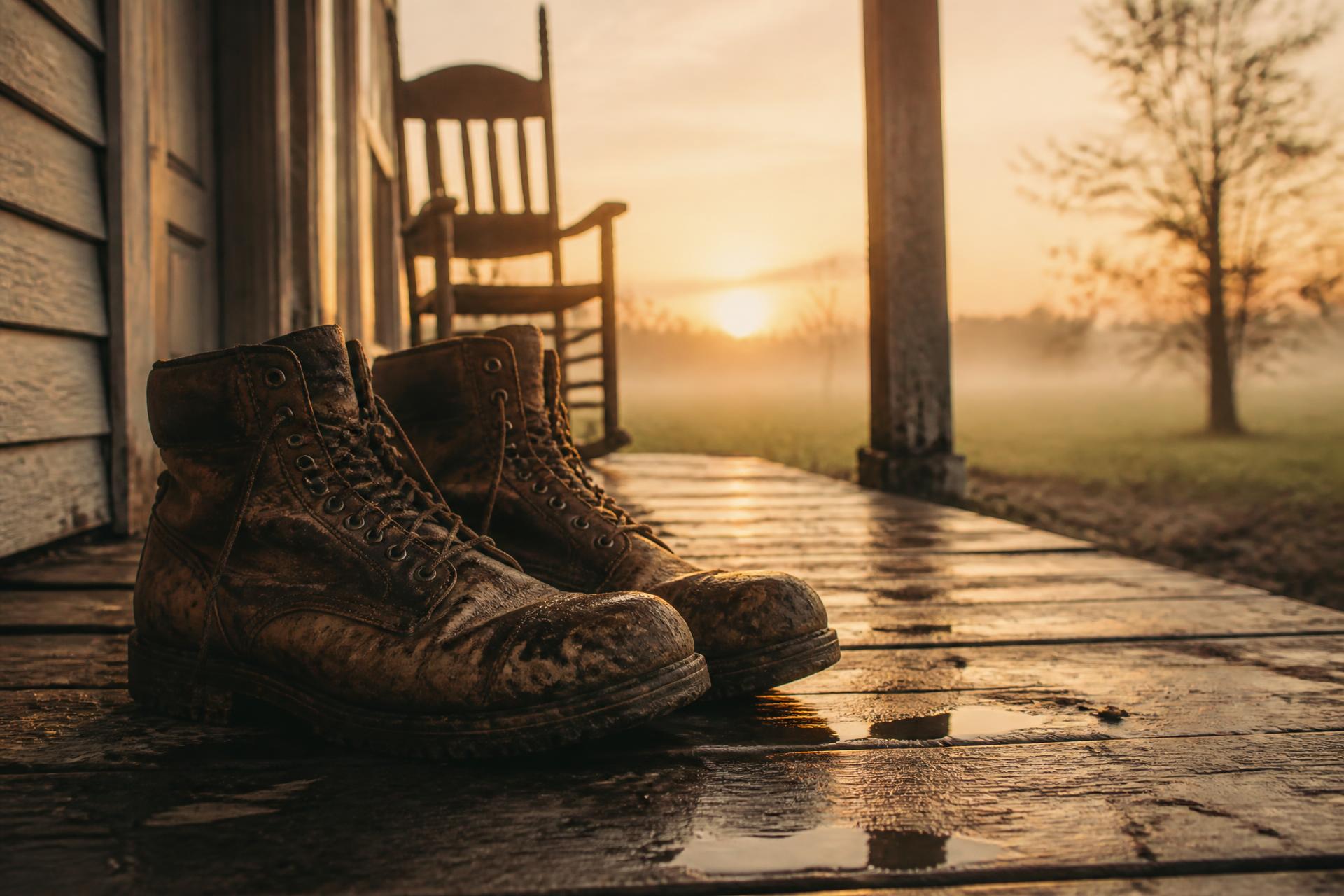 Muddy work boots on a porch at sunrise