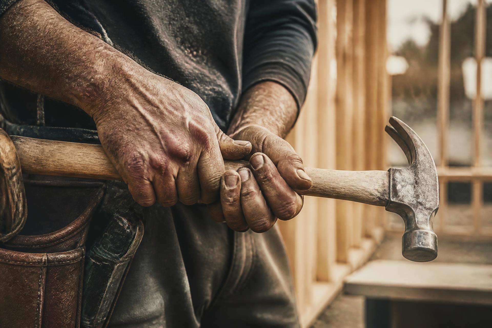 Calloused hands holding a framing hammer